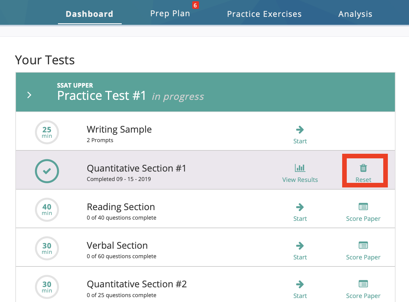 Retaking a Practice Test and Resetting a Practice Test Section Test