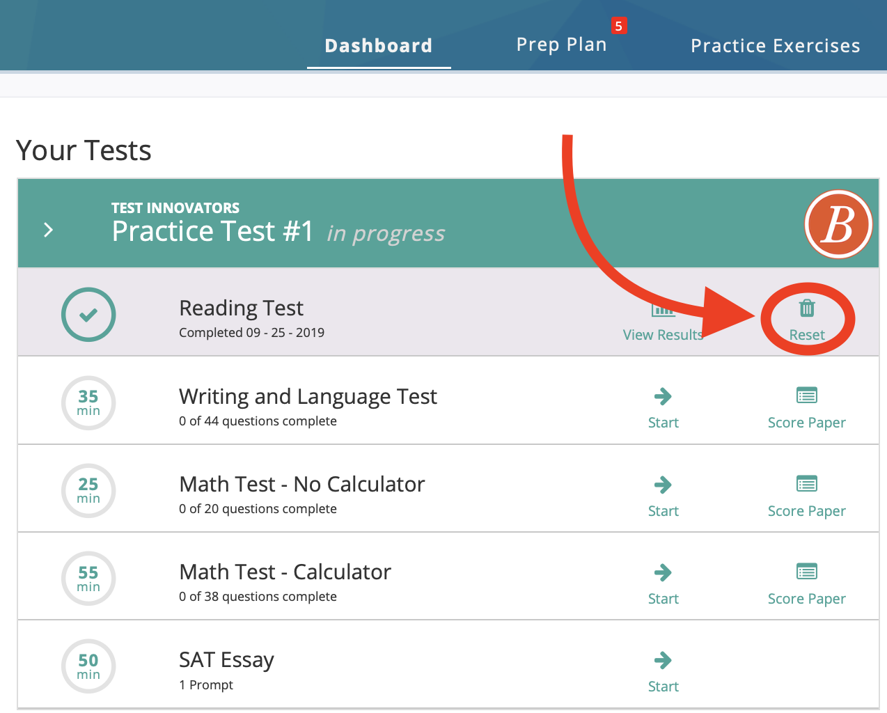 Retaking a Practice Test and Resetting a Practice Test Section – Test ...